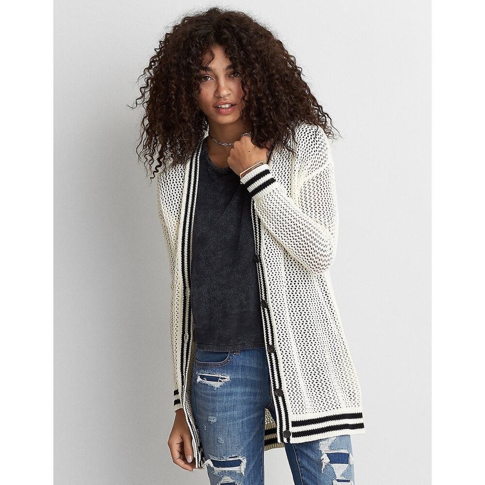 American Eagle | Open Knit Ivory/Black NWOT Coastal Knit Cardigan Pullover- M